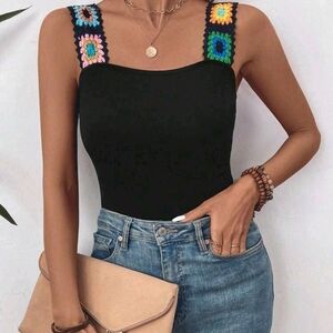Black Cami with Crochet Granny Square Straps Size Small